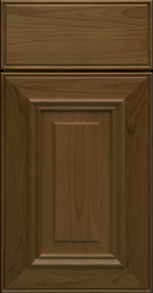 Custom Perfect Brown stain Anderson Raised Panel Kitchen Cabinet Door and matching Slab Drawer Front.